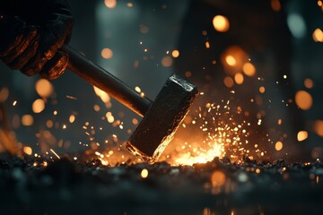A blacksmith crafts metal with a hammer, sparks flying in a workshop illuminated by ambient lighting