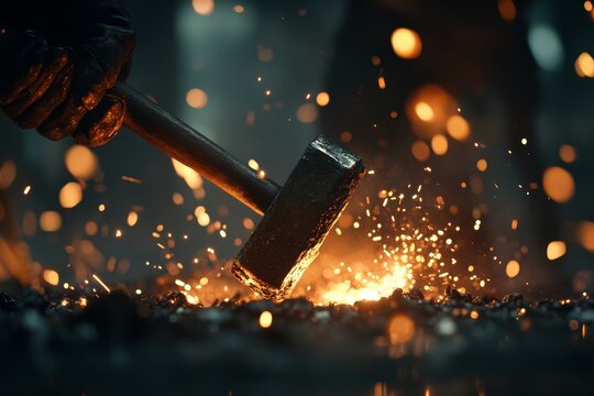 A blacksmith crafts metal with a hammer, sparks flying in a workshop illuminated by ambient lighting