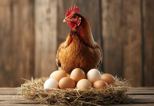 A brown hen sits proudly on a nest of fresh eggs.