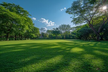 Naklejka premium Serene Green Grass Field with Trees and Blue Sky in Bangkok Park, National Geographic Style