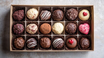 A tasteful collection of gourmet chocolates displayed in an elegant, exquisitely packaged box, showcasing a variety of delightful flavors and artistic designs.