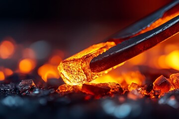 Blacksmith shaping glowing metal with tongs in a forge at night, sparks and heat glowing around the workspace