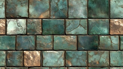 Fototapeta premium Textured Stone Wall with Vintage Green Patina and Rustic Brick Tile