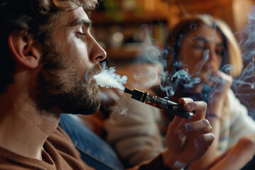 Promotion of electronic cigarette vape unhealthy habit lifestyle, vibrant colorful Generative AI photo