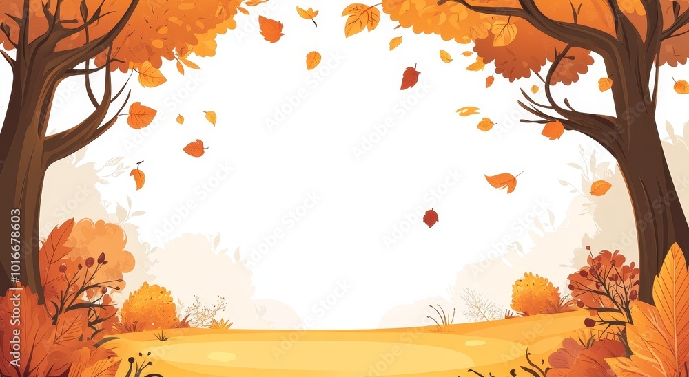 Wall mural A fall landscape in a forest with falling brown leaves. Highlighted with modern EPS10 illustration.