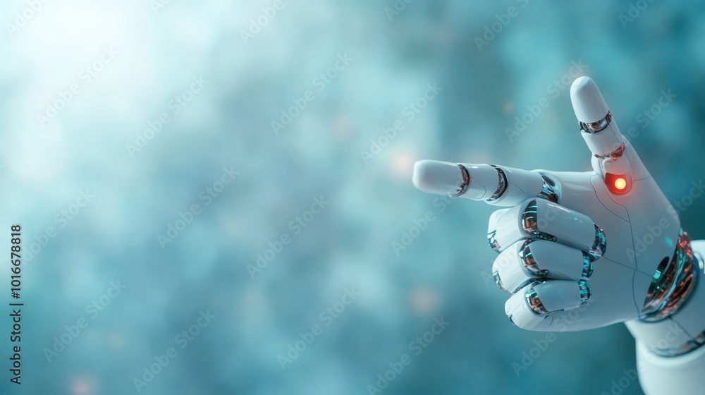 Poster a robotic hand with sleek metallic fingers points forward in a futuristic digital environment, symbo