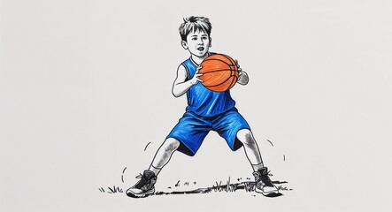 Hand drawing clipart of a boy playing basketball outdoors on plain white background