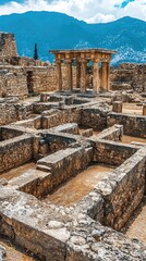 Ancient ruins with stone walls and columns surrounded by mountains under a cloudy sky, showcasing significant historical architecture.