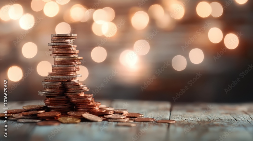 Poster a neat stack of shiny coins sits on a rustic surface, with a shimmering bokeh background that create