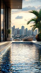 Fototapeta premium Beautiful rooftop pool with city skyline view at sunset, featuring clear water and lush palm trees for a serene atmosphere.