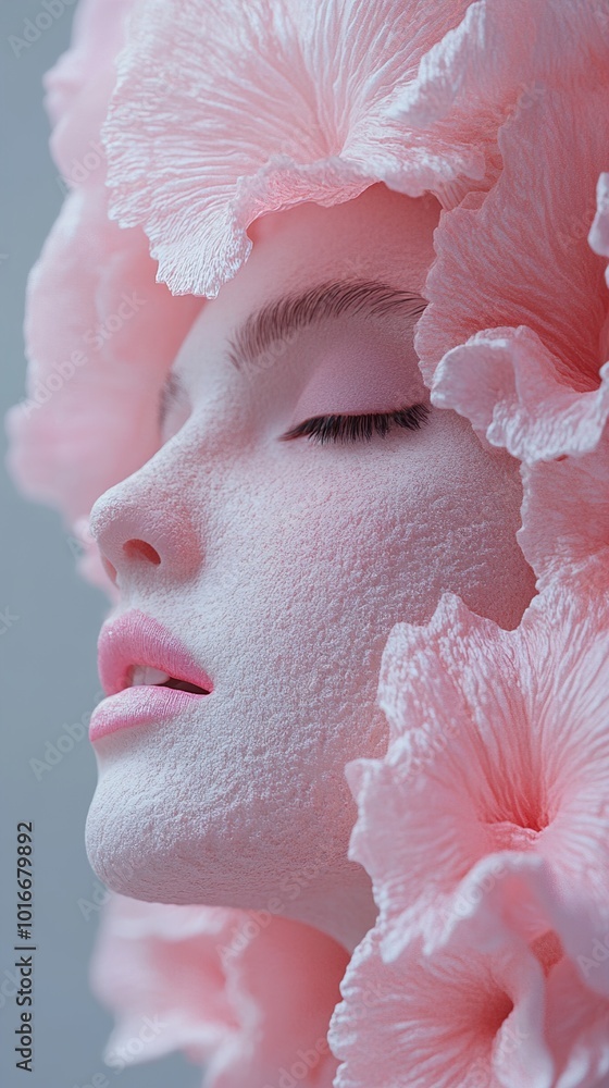 Sticker Close-up Portrait of a Woman with Pink Flowers