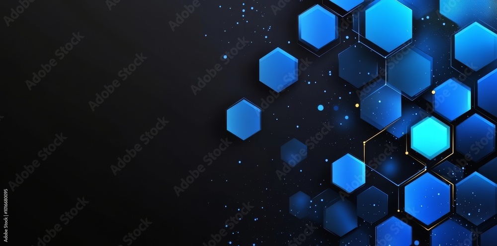 Poster a circle holographic hud with eight hexagons and a light blue futuristic design is surrounded by a t