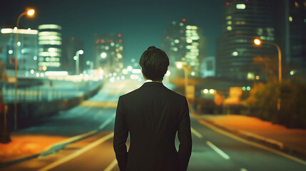 Back view of businessman in suit standing at center of city street