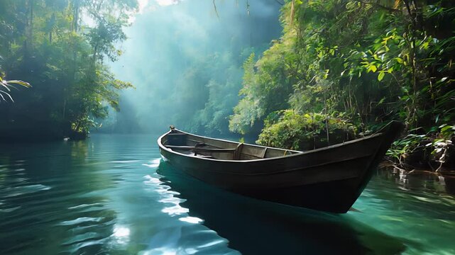 Tropical jungle landscape with Amazon jungle river. Created with Generative AI.
