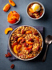 Crumble cake with peaches and vanilla ice cream. Grey background. Top view.