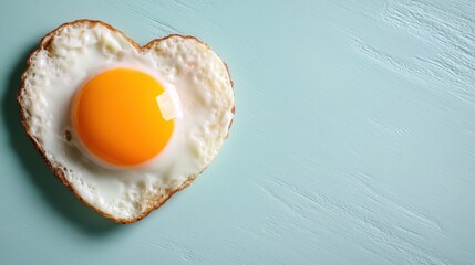 A visually appealing heart-shaped fried egg sits perfectly cooked with a gleaming yolk, seasoned and placed on a smoothly textured turquoise wooden surface.