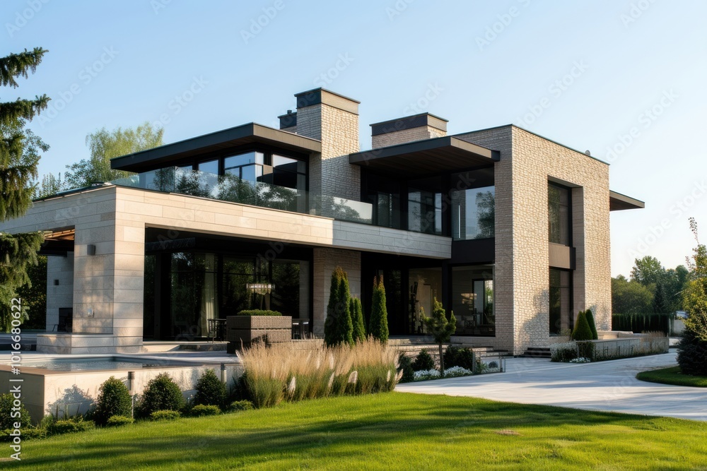 Poster Big modern American house architecture building outdoors.