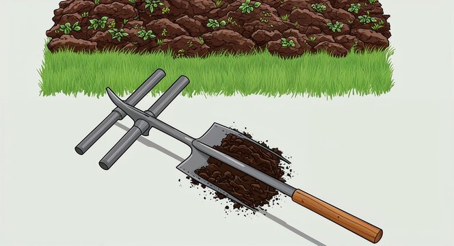garden tools with soil and grass clip art preview