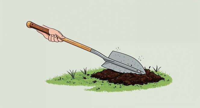 shovel digging in dirt, hand holding wooden handle clip art preview