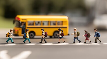 Obraz premium Children Crossing Street with School Bus in Background
