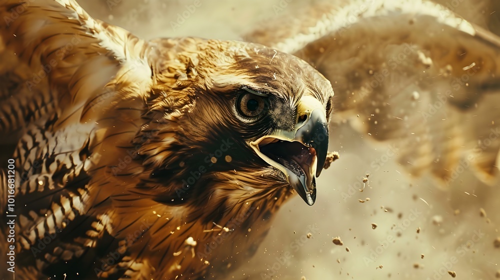 Poster fierce hawk swooping ruffled feathers and open beak concept with copy space