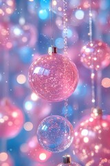 Fototapeta premium Colorful ornaments dangle gracefully against a soft, blurred background filled with sparkling lights. The scene radiates a magical charm, perfect for celebrating special occasions and enhancing festiv
