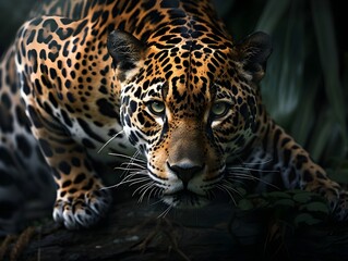 Obraz premium Fierce Jaguar Crouched and Ready to Pounce Intense Predatory Gaze Captivating Wildlife Concept