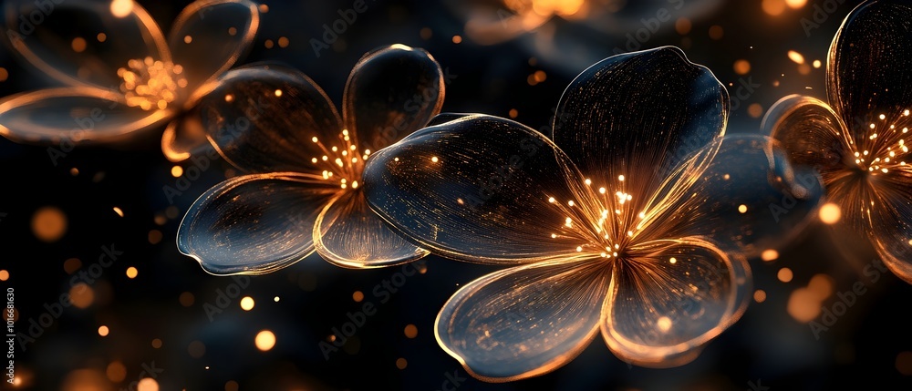 Poster glowing intricate floral patterns on a darkened background and elegant digital design with a captiva