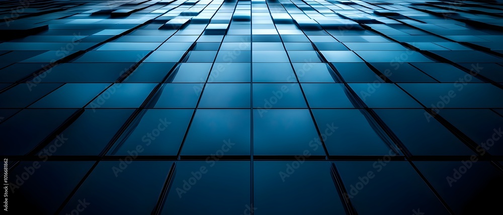 Poster glowing dynamic geometric patterns decorating the facade of a bold innovative futuristic building sl