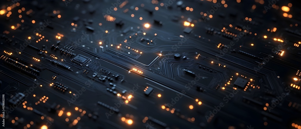 Poster glowing circuit board patterns in a dark background showcasing a modern and sleek technological desi