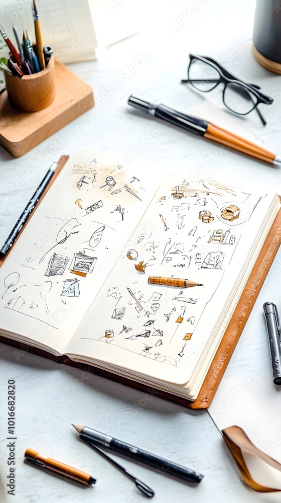 Poster open notebook with sketches and writing utensils on white desk.