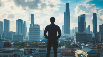 Business, man and thinking at city on rooftop about career or future with goal in company. Professional, person and skyscraper on roof is standing with vision or hope for decision as leader at work