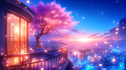 Fototapeta premium Stunning view of neon-lit buildings reflecting energetic city life.