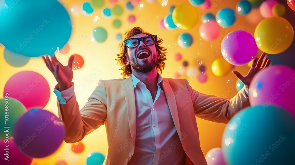 Aufkleber man celebrating in a colorful and festive setting with balloons and confetti