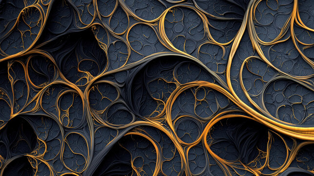 Intricate cellular morphogenesis design featuring dark background with golden, flowing patterns. This abstract image showcases unique blend of organic shapes and textures, evoking sense of depth and