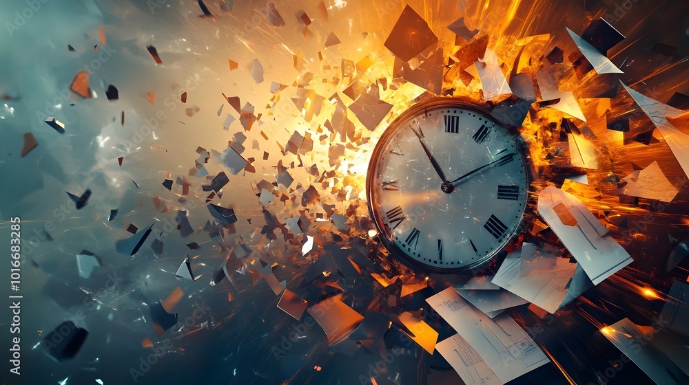 Poster exploding clock symbolizing urgency and chaos of impending deadline