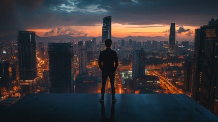Naklejka na ściany i meble Business, man and thinking at city on rooftop about career or future with goal in company. Professional, person and skyscraper on roof is standing with vision or hope for decision as leader at work