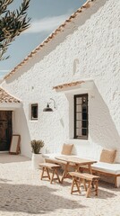 Fototapeta premium Charming white house exterior with wooden furniture, perfect for outdoor relaxation and showcasing serenity in a sunny setting.