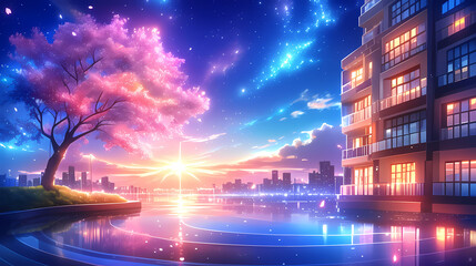 Obraz premium Nighttime cityscape featuring skyscrapers illuminated by neon lights.