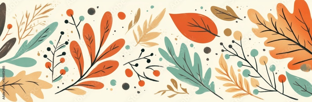 Poster hand drawn horizontal banner pattern with autumn leaves and berries in retro color template. flat do