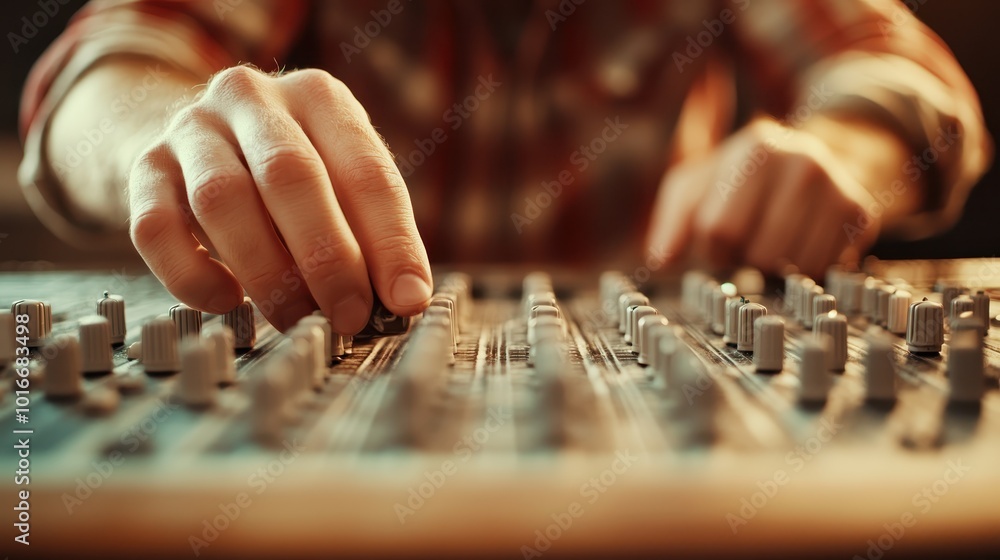 Poster a close-up image of hands manipulating mixing console controls, illustrating the complexity and fine