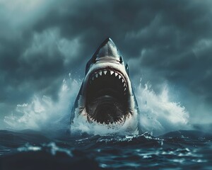 Fierce Shark Jaws Baring Rows of Razor Sharp Teeth in Dramatic Seascape