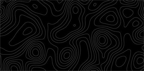 Fototapeta premium Abstract white on black background with Topographic line map pattern. abstract wavy and curved lines background. linear map. Dark seamless design. Bold tile able isolines pattern. Vector illustration.