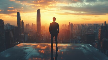 Fototapeta premium Business, man and thinking at city on rooftop about career or future with goal in company. Professional, person and skyscraper on roof is standing with vision or hope for decision as leader at work