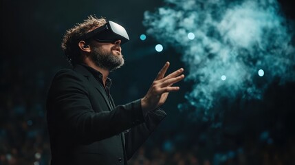 A man engaged in a virtual experience with a VR headset, surrounded by mystical smoke and atmospheric lights, creating a sense of mystery and innovation.