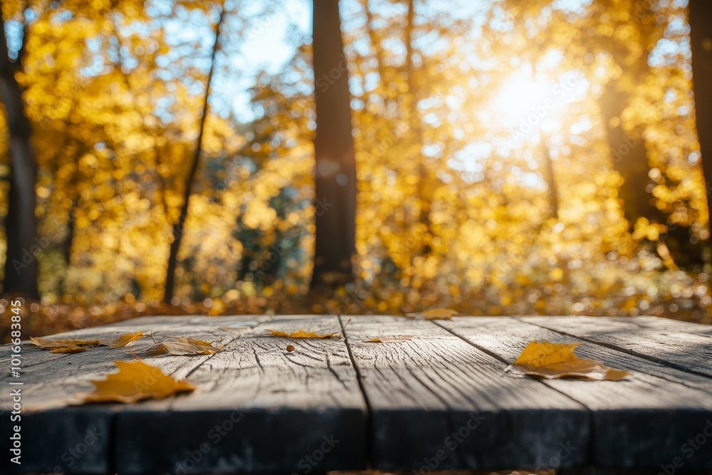 Poster the composition contains copy space with an autumn background featuring a wooden table and colored f