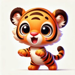 The image shows a cute baby tiger with orange fur, designed in a cartoon style, sitting playfully in a jungle scene surrounded by nature