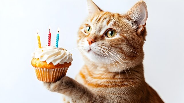 Curious Cat Celebrating Birthday with Cupcake and Candles