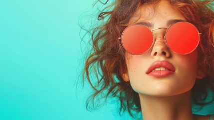 A woman in stylish red-tinted sunglasses poses confidently against a vibrant turquoise background, symbolizing bold fashion and individuality in modern culture.