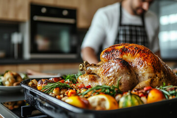 Fototapeta premium Happy Thanksgiving, big family dinner with turkey feast home celebration, Generative AI